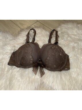Victorias Secret Plunge Push Up Bra Gel Padded Lace Bow UW Womens 36C Brown